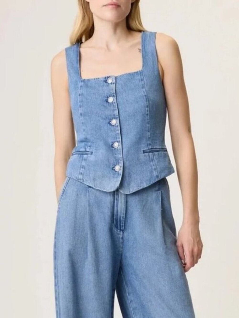 Rag & Bone Seraphina Denim Vest Square Neck Button Front Tailored Branded Button